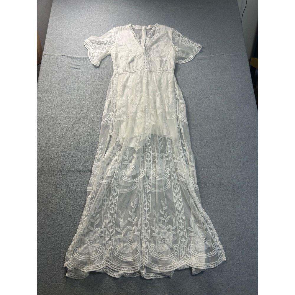 Eleter Lace Maxi Romper Dress Womens Small White Embroidered Sheer Bridal Boho